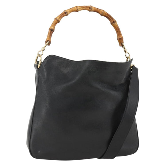 GUCCI Bamboo Shoulder Bag Leather 2way Black Gold 001 1705 1638 Auth YKZ462