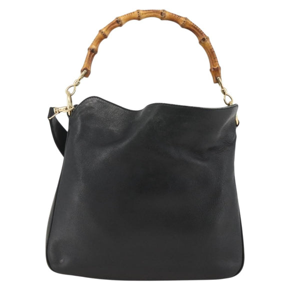 GUCCI Bamboo Shoulder Bag Leather 2way Black Gold 001 1705 1638 Auth YKZ462
