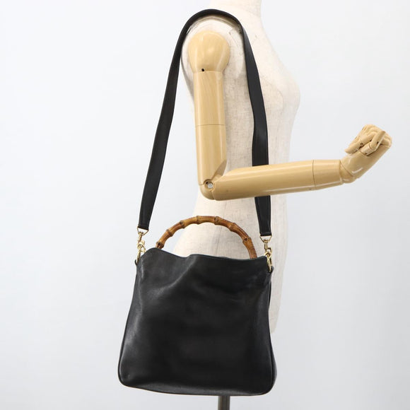 GUCCI Bamboo Shoulder Bag Leather 2way Black Gold 001 1705 1638 Auth YKZ462