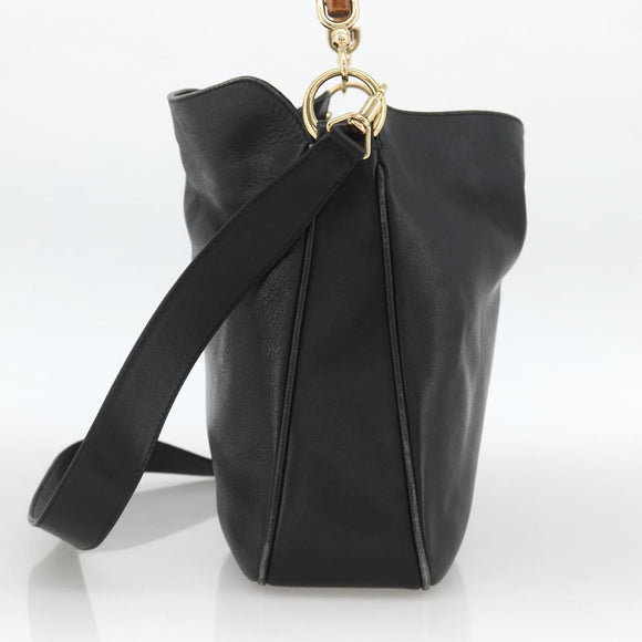 GUCCI Bamboo Shoulder Bag Leather 2way Black Gold 001 1705 1638 Auth YKZ462