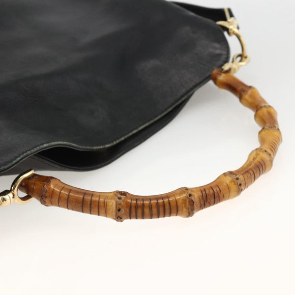 GUCCI Bamboo Shoulder Bag Leather 2way Black Gold 001 1705 1638 Auth YKZ462