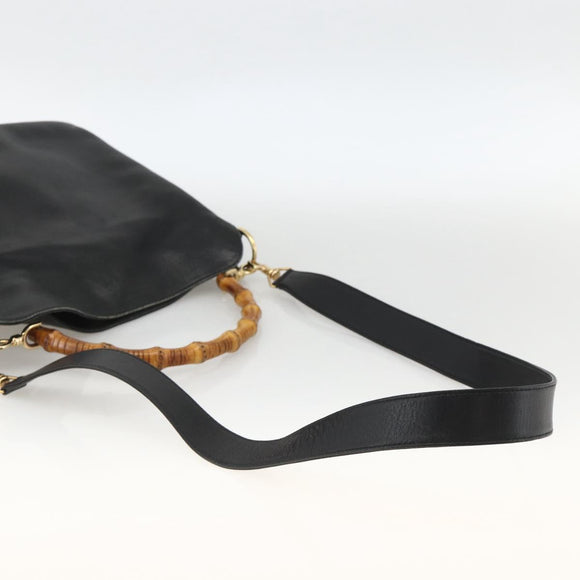 GUCCI Bamboo Shoulder Bag Leather 2way Black Gold 001 1705 1638 Auth YKZ462