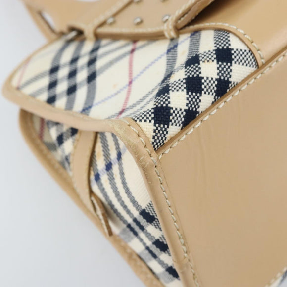 BURBERRY Nova Check Blue Label Hand Bag Canvas Ivory Silver Auth YKZ469