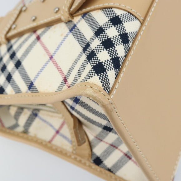 BURBERRY Nova Check Blue Label Hand Bag Canvas Ivory Silver Auth YKZ469
