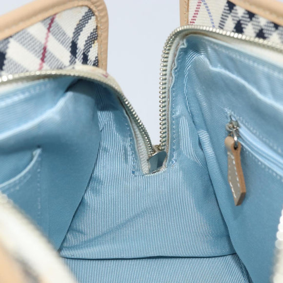 BURBERRY Nova Check Blue Label Hand Bag Canvas Ivory Silver Auth YKZ469