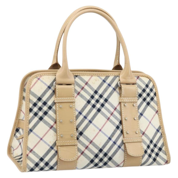 BURBERRY Nova Check Blue Label Hand Bag Canvas Ivory Silver Auth YKZ469