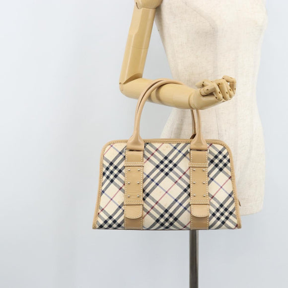 BURBERRY Nova Check Blue Label Hand Bag Canvas Ivory Silver Auth YKZ469