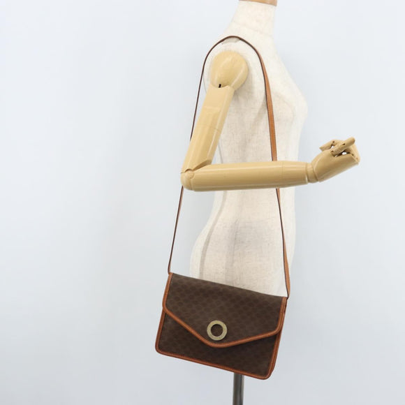 CELINE Macadam Canvas Circle Shoulder Bag PVC Leather Brown Gold Auth YKZ472