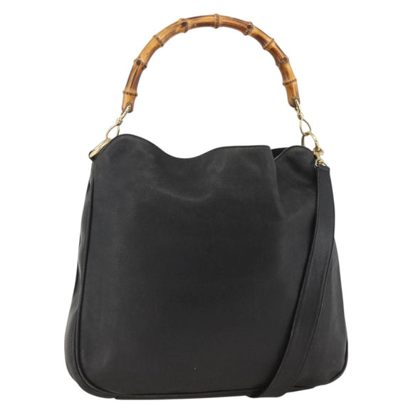 GUCCI Bamboo Shoulder Bag Leather 2way Black Gold 001 1577 Auth YKZ474