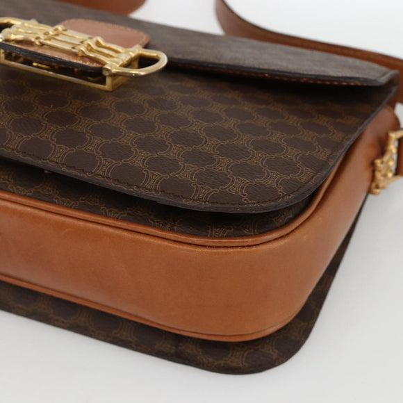 CELINE Macadam Canvas Horsebit Shoulder Bag PVC Leather Brown Gold Auth YKZ475