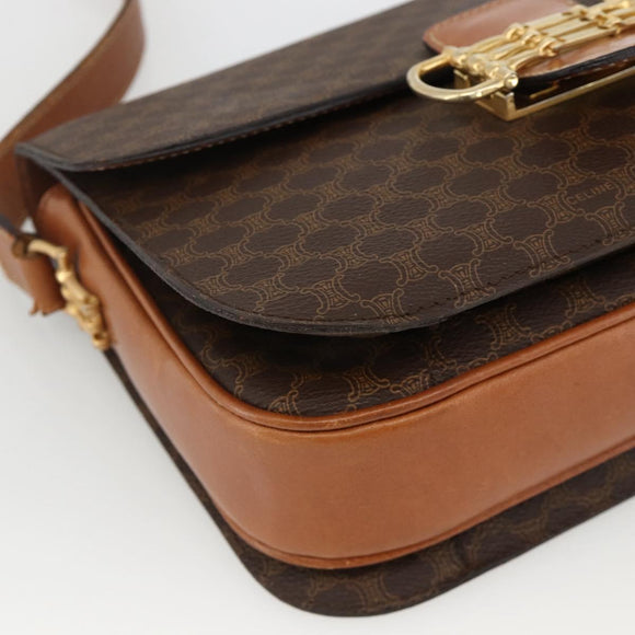 CELINE Macadam Canvas Horsebit Shoulder Bag PVC Leather Brown Gold Auth YKZ475