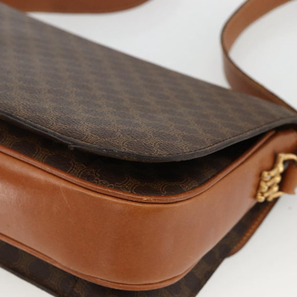CELINE Macadam Canvas Horsebit Shoulder Bag PVC Leather Brown Gold Auth YKZ475