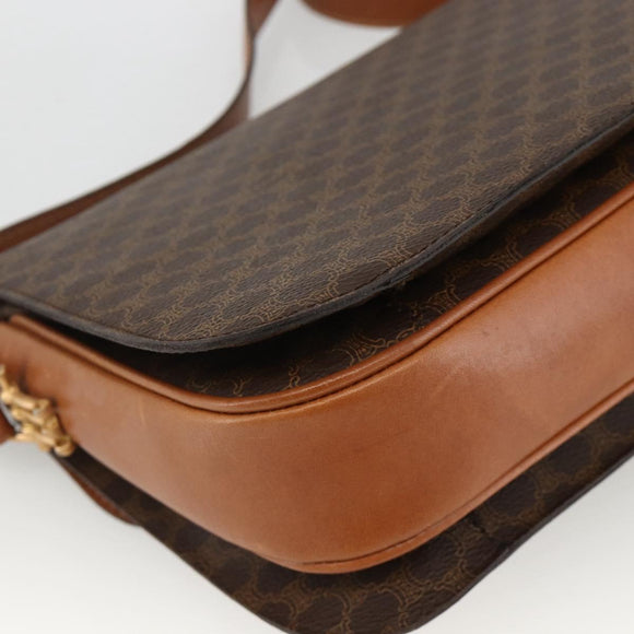 CELINE Macadam Canvas Horsebit Shoulder Bag PVC Leather Brown Gold Auth YKZ475