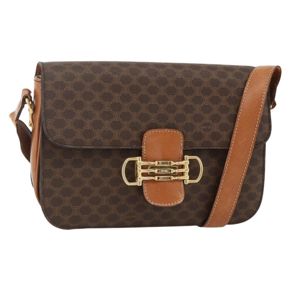 CELINE Macadam Canvas Horsebit Shoulder Bag PVC Leather Brown Gold Auth YKZ475