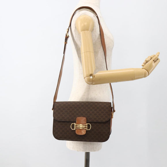 CELINE Macadam Canvas Horsebit Shoulder Bag PVC Leather Brown Gold Auth YKZ475