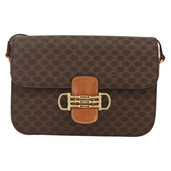 CELINE Macadam Canvas Horsebit Shoulder Bag PVC Leather Brown Gold Auth YKZ475