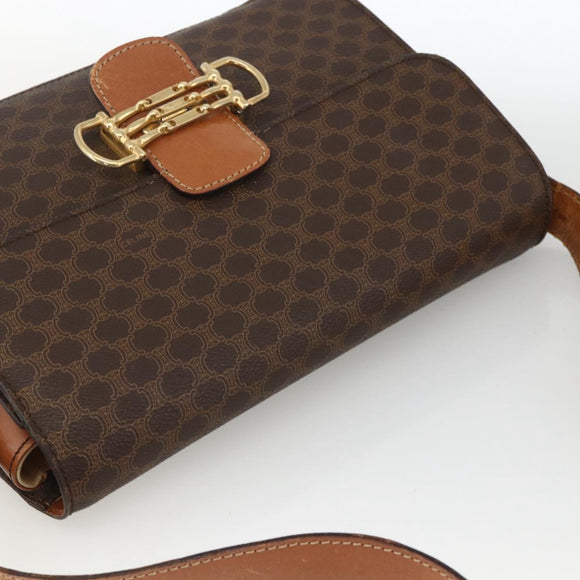 CELINE Macadam Canvas Horsebit Shoulder Bag PVC Leather Brown Gold Auth YKZ475