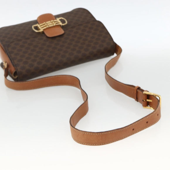 CELINE Macadam Canvas Horsebit Shoulder Bag PVC Leather Brown Gold Auth YKZ475