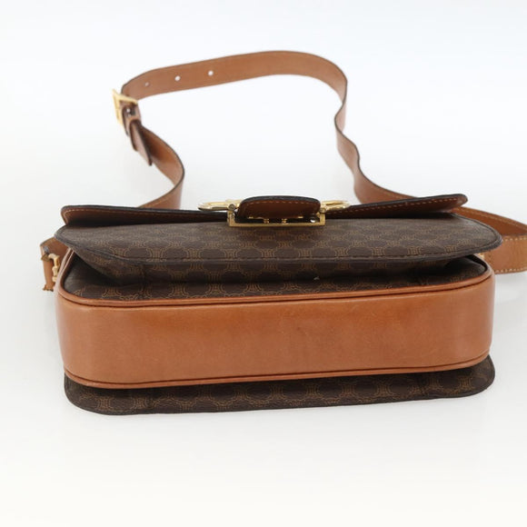 CELINE Macadam Canvas Horsebit Shoulder Bag PVC Leather Brown Gold Auth YKZ475