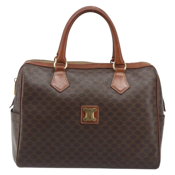 CELINE Macadam Canvas Boston Bag PVC Leather Brown Gold Auth YKZ518