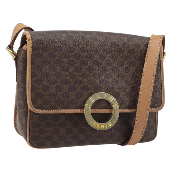 CELINE Macadam Canvas Circle Shoulder Bag PVC Leather Brown Gold Auth YKZ528