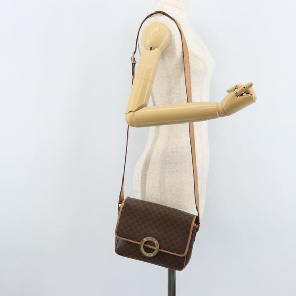 CELINE Macadam Canvas Circle Shoulder Bag PVC Leather Brown Gold Auth YKZ528