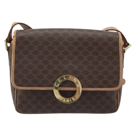 CELINE Macadam Canvas Circle Shoulder Bag PVC Leather Brown Gold Auth YKZ528