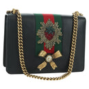 GUCCI Chain Web Sherry Line Shoulder Bag Leather Black Gold 432280 Auth YKZ566M-1