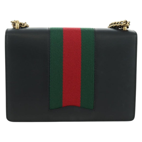 GUCCI Chain Web Sherry Line Shoulder Bag Leather Black Gold 432280 Auth YKZ566M