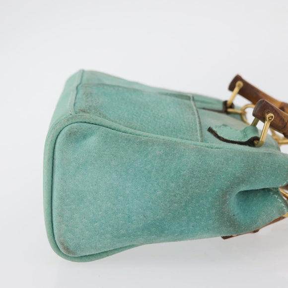 GUCCI Bamboo Hand Bag Suede 2way Turquoise Blue Gold 007 1793 0238 Auth YKZ601