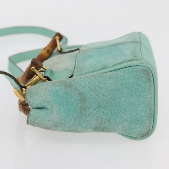 GUCCI Bamboo Hand Bag Suede 2way Turquoise Blue Gold 007 1793 0238 Auth YKZ601