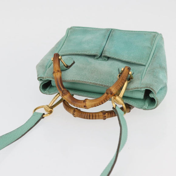 GUCCI Bamboo Hand Bag Suede 2way Turquoise Blue Gold 007 1793 0238 Auth YKZ601