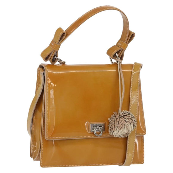 Salvatore Ferragamo Hand Bag Patent leather 2way Beige Silver Auth YKZ631