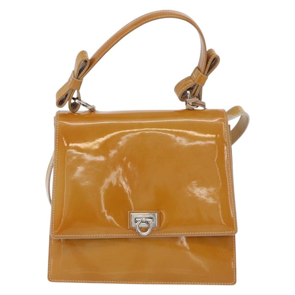 Salvatore Ferragamo Hand Bag Patent leather 2way Beige Silver Auth YKZ631