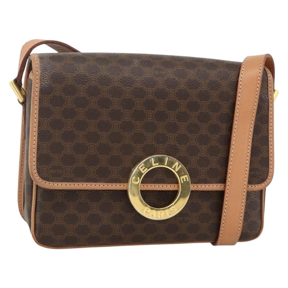 CELINE Macadam Canvas Circle Shoulder Bag PVC Leather Brown Gold Auth YKZ723A