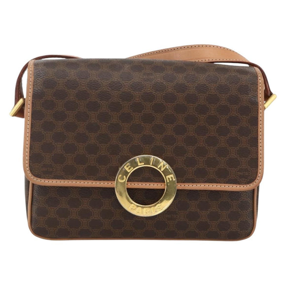 CELINE Macadam Canvas Circle Shoulder Bag PVC Leather Brown Gold Auth YKZ723A