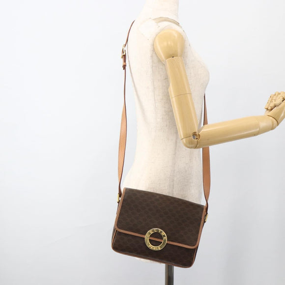 CELINE Macadam Canvas Circle Shoulder Bag PVC Leather Brown Gold Auth YKZ723A