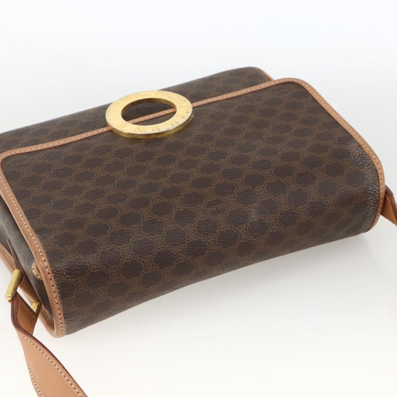 CELINE Macadam Canvas Circle Shoulder Bag PVC Leather Brown Gold Auth YKZ723A