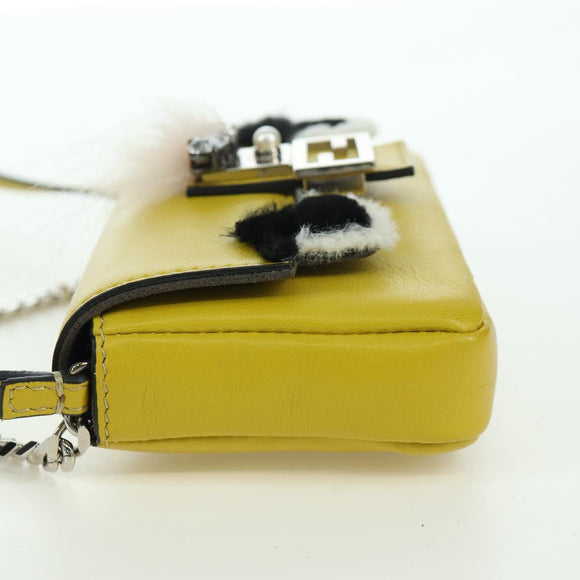 FENDI Monster Micro Bucket Schultertasche Leder 2-Wege Gelb Silber Auth YKZ725A