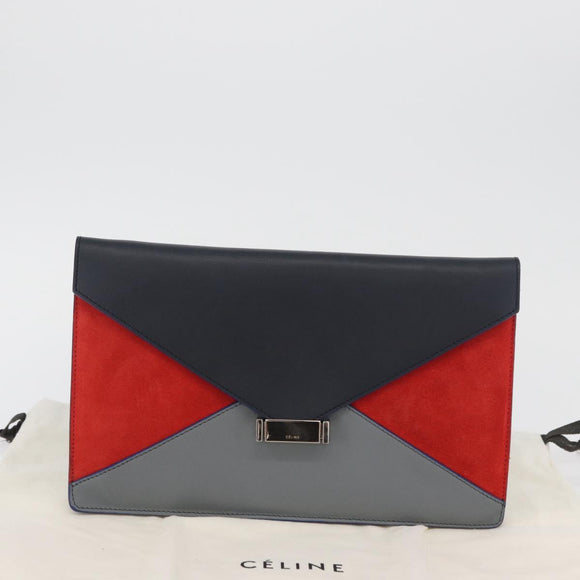 CELINE Clutch Bag Leather Navy Silver Auth YKZ733A