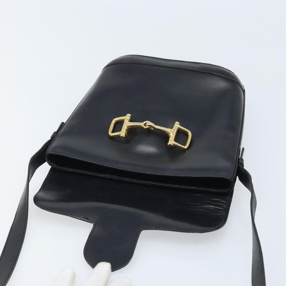 CELINE Horsebit Shoulder Bag Leather Black Gold Auth YKZ776A