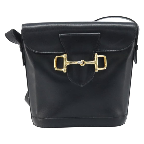 CELINE Horsebit Shoulder Bag Leather Black Gold Auth YKZ776A