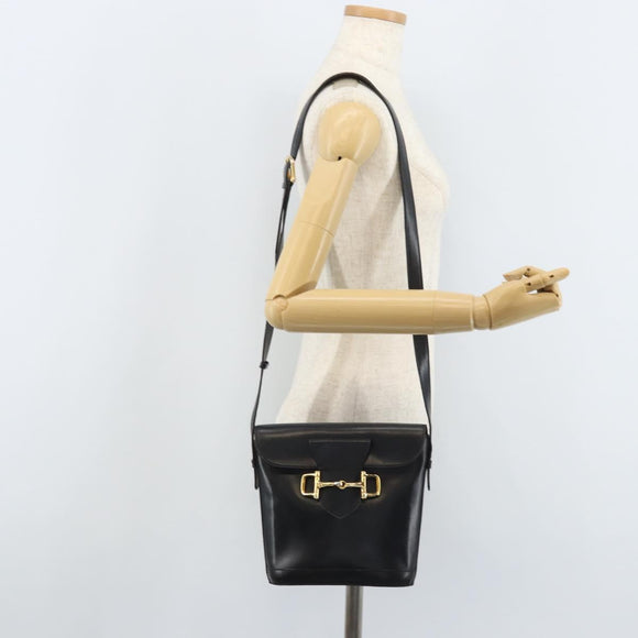 CELINE Horsebit Shoulder Bag Leather Black Gold Auth YKZ776A