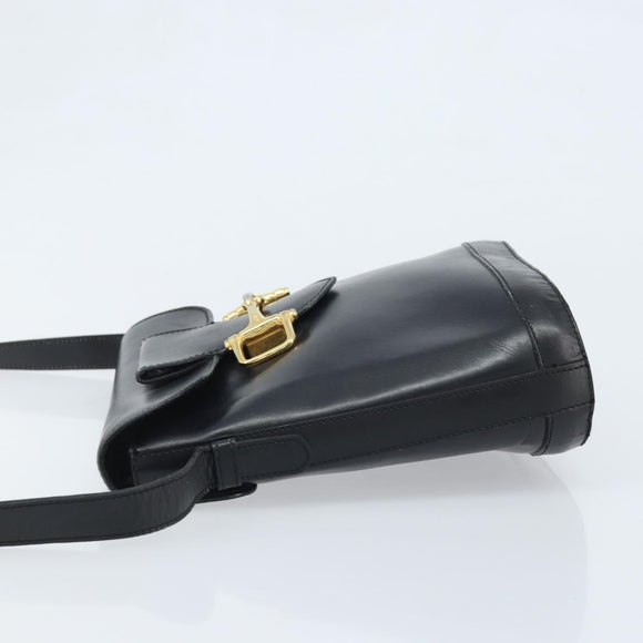 CELINE Horsebit Shoulder Bag Leather Black Gold Auth YKZ776A