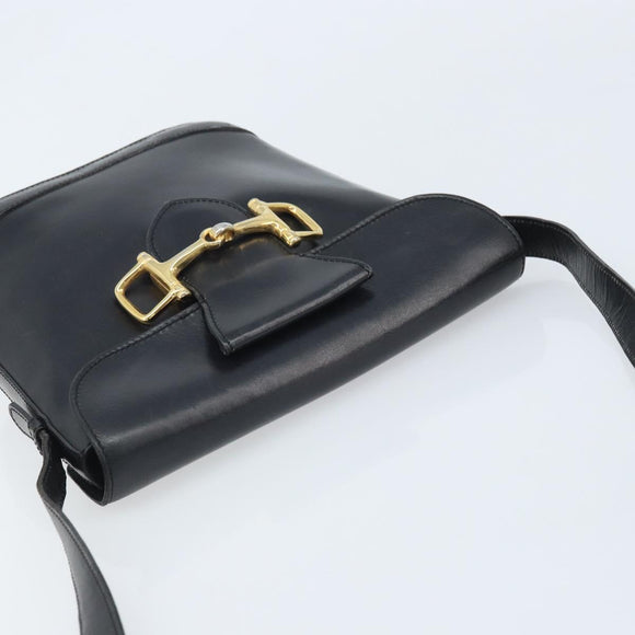 CELINE Horsebit Shoulder Bag Leather Black Gold Auth YKZ776A