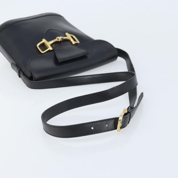 CELINE Horsebit Shoulder Bag Leather Black Gold Auth YKZ776A