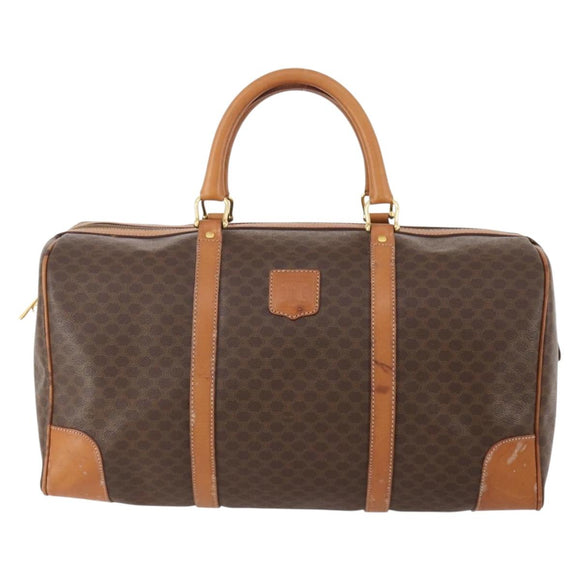 CELINE Macadam Canvas Boston Bag PVC Leather Brown Gold Auth YKZ788