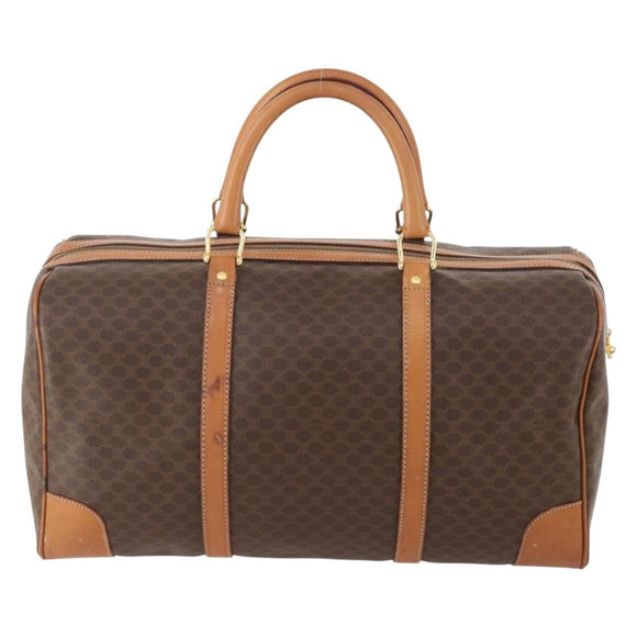 CELINE Macadam Canvas Boston Bag PVC Leather Brown Gold Auth YKZ788