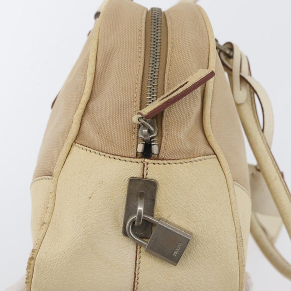 PRADA Hand Bag Canvas Beige Silver Auth YKZ813
