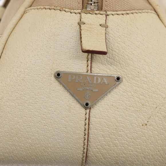 PRADA Hand Bag Canvas Beige Silver Auth YKZ813